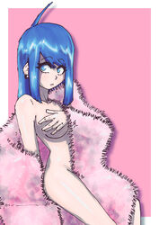 1girls blue_eyes blue_hair breasts ear_piercing female fur_coat gingrjoke hand_on_breast lipstick marcy_(gingrjoke) medium_hair naked nude oc original original_character solo white_skin