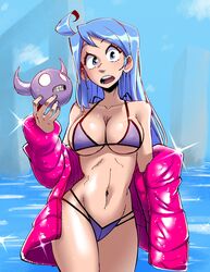 1girls bikini blue_eyes blue_hair breasts coat demon female gingrjoke looking_at_viewer marcy_(gingrjoke) medium_hair oc ocean open_mouth original original_character outdoors outside solo swimsuit water white_skin