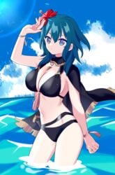 1girls alternate_costume arm_up bikini black_bikini black_swimsuit blue_eyes blue_hair breasts byleth_(fire_emblem) byleth_(fire_emblem)_(female) cape cleavage dagger female fire_emblem fire_emblem:_three_houses fire_emblem_heroes flower flower_in_hair gold_necklace hair_flower hair_ornament hibiscus highres in_water jewelry jiitarou kaoru_kashii large_breasts light_skin lipstick looking_at_viewer medium_hair midriff necklace nintendo ocean official_alternate_costume outdoors outside red_flower solo swimsuit water weapon white_skin