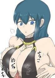 1boy 1girls alternate_breast_size alternate_costume big_breasts bikini black_bikini black_swimsuit blue_eyes blue_hair breasts byleth_(fire_emblem) byleth_(fire_emblem)_(female) byleth_(summer)_(fire_emblem)_(female) expressionless female fire_emblem fire_emblem:_three_houses fire_emblem_heroes huge_breasts japanese_text kazushige large_breasts light_skin male medium_hair nintendo open_mouth paizuri penis sideboob sound_effects straight swimsuit teal_hair text white_background