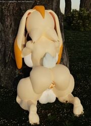 3d absurdres anal anal_birth anthro anus ass baby backsack birth breasts cream_the_rabbit crowning duo fur furry futanari genitals grass highres hornybunny kneeling lagomorph leaning_on_object leporid mammal nude plant rabbit sega sonic_(series) tan_body tan_fur testicles text tree url vanilla_the_rabbit young