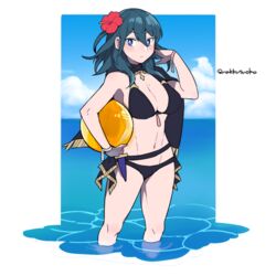 1girls alternate_costume ball beach beach_ball bikini black_bikini black_swimsuit blue_eyes blue_hair breasts byleth_(fire_emblem) byleth_(fire_emblem)_(female) byleth_(summer)_(fire_emblem)_(female) cape dagger do_m_kaeru female fire_emblem fire_emblem:_three_houses fire_emblem_heroes flower flower_in_hair hair_flower holding holding_beachball holding_object makkusuoko medium_hair necklace nintendo ocean outdoors outside solo swimsuit sword teal_hair water white_skin