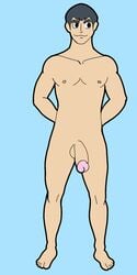 1boy bara black_hair blue_background bluebowporn dark_hair drawfag drawthread_request flaccid_penis full_body gay hands_behind_back large_penis looking_to_the_side male_focus male_only naked naughty_face norman_(pokemon) nude penis pokemon retracted_foreskin