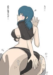 1boy 1girls alternate_costume ass bald big_ass black_bikini black_swimsuit blue_eyes blue_hair breasts byleth_(fire_emblem) byleth_(fire_emblem)_(female) byleth_(summer)_(fire_emblem)_(female) cape face_in_ass faceless_male facesitting female fire_emblem fire_emblem:_three_houses fire_emblem_heroes japanese_text kazushige large_ass male medium_hair nintendo open_mouth sideboob teal_hair text white_background white_skin