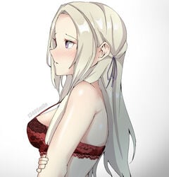 1340smile 1girls absurdres bra breasts commentary edelgard_von_hresvelg english_commentary female fire_emblem fire_emblem:_three_houses hair_tie hand_on_own_arm highres long_hair looking_to_the_side medium_breasts nintendo purple_eyes red_bra solo_female standing underwear upper_body watermark white_background white_hair