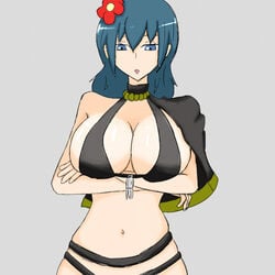 1boy 1girls bikini black_bikini black_swimsuit blue_eyes blue_hair byleth_(fire_emblem) byleth_(fire_emblem)_(female) byleth_(summer)_(fire_emblem)_(female) cape crossed_arms disinterested emotionless expressionless female fire_emblem fire_emblem:_three_houses fire_emblem_heroes flower flower_in_hair kazushige looking_at_viewer medium_hair nintendo open_mouth sideboob solo solo_female swimsuit white_skin