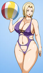 1girls beach_ball blonde_hair breasts cameltoe cleavage clothed_female female female_only holding_object huge_breasts large_breasts mature_female nail_polish naruto naruto_(series) naruto_shippuden one-piece_swimsuit pinkpawg smile solo solo_female solo_focus standing swimsuit tsunade voluptuous