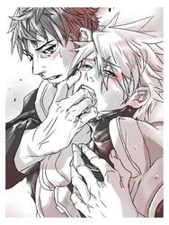 hand_in_mouth hatake_kakashi male male_only naruto open_clothes sweat yamato_(naruto) yaoi