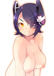 breasts eyebrows eyebrows_visible_through_hair eyepatch female grin headgear kantai_collection large_breasts lillithlauda looking_at_viewer nipples nude parted_lips purple_hair short_hair smile solo tenryuu_(kantai_collection) yellow_eyes