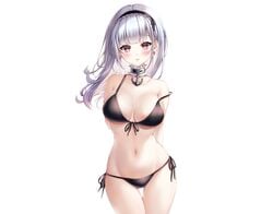 :o azur_lane bikini bikini_bottom bikini_top blush choker dido_(azur_lane) earrings gray_hair headband kuca kuca_(ku_ca18) long_hair navel purple_eyes swimsuit white_background