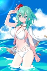 1girls alternate_color alternate_costume arm_up bikini breasts byleth_(fire_emblem) byleth_(fire_emblem)_(female) cape cleavage dagger enlightened_byleth_(female) female fire_emblem fire_emblem:_three_houses fire_emblem_heroes flower flower_in_hair gold_necklace green_eyes green_hair hair_flower hair_ornament hibiscus highres in_water jewelry jiitarou large_breasts light_skin lipstick looking_at_viewer medium_hair midriff necklace nintendo ocean official_alternate_costume outdoors outside red_flower solo swimsuit water weapon white_bikini white_skin white_swimsuit