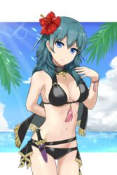 1girls 3h_aria alternate_costume bikini black_bikini black_swimsuit blue_eyes blue_hair breasts byleth_(fire_emblem) byleth_(fire_emblem)_(female) byleth_(summer)_(fire_emblem)_(female) cape female female_only fire_emblem fire_emblem:_three_houses fire_emblem_heroes flower flower_in_hair hair_flower hair_flowers knife light-skinned_female light_skin looking_at_viewer medium_hair miasuke nintendo ocean outdoors outside red_flower soaked solo solo_female swimsuit teal_hair water wet