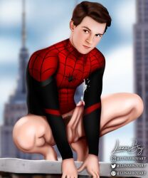 1boy actor boner bottomless bottomless_male celebrity crouching cum cumming erect_penis erection hands-free hard_on human human_only light-skinned_male light_skin lunarboyart male male_only marvel marvel_cinematic_universe muscular muscular_male outdoors outside penis_out peter_parker solo solo_male spider-man spider-man_(series) spider-man_(tom_holland) tom_holland