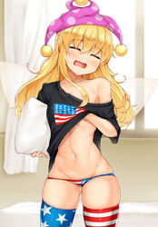 1girls american_flag american_flag_legwear american_flag_panties bangs black_shirt blonde_hair closed_eyes clothes_lift clownpiece collarbone cowboy_shot curtains daichi_(tokoya) facing_viewer fairy fairy_wings female hat head_tilt holding holding_object holding_pillow indoors jester_cap lifted_by_self long_hair lowleg lowleg_panties midriff navel open_mouth panties pillow pink_headwear polka_dot scratching shirt shirt_lift short_sleeves single_bare_shoulder sleepy solo star_(symbol) star_print stomach stripped t-shirt thighhighs tokoya_(ex-hetare) touhou transparent_wings underwear wings yawning