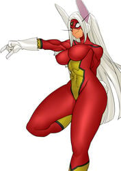 1girls bodysuit cosplay crossover_cosplay dark-skinned_female dark_skin gloves marvel miruko my_hero_academia rumi_usagiyama shosho_oekaki solo solo_female spider-man_(series) spider-woman_(cosplay) tan tight_clothing white_hair