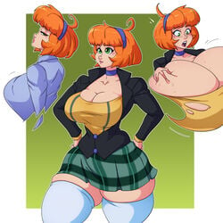 1:1 1girls big_breasts breast_expansion breasts choker female female_only green_eyes hips huge_breasts large_breasts maddison_(spiralingstaircase) miniskirt orange_hair original_character solo solo_female spiralingstaircase surprised thick thick_thighs thighs voluptuous wide_hips