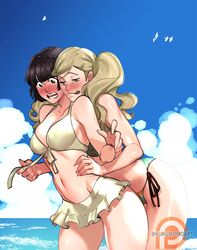2girls ann_takamaki beach bikini blonde_hair blush brown_hair cloud female female_only kukumomo licking_lips long_hair makoto_niijima naughty_face persona persona_5 pulling_clothing sega short_hair twintails watermark yuri
