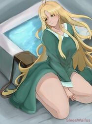 1girls ahoge asia_argento bag bare_legs bath blonde_hair dress frown green_eyes high_school_dxd kneeling large_breasts sleesart solo thick_thighs very_long_hair voluptuous