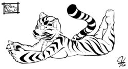 animal_ears anthro big_hands breasts cheek_tuft chest_tuft feet feet_up kung_fu_panda laying_down laying_on_stomach master_tigress on_phone phone stripes tagme tail tiger tigresa tigress