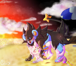 all_fours beach big_ears black_body black_fur blue_body blue_fur blush blush_lines blushbutt cute_expression cute_eyes cute_face doggy_style duo ears_up eeveelution espeon female feral from_behind_position fur glowstone2001 hi_res luxray male male/female nintendo pawpads paws pink_body pink_fur pokémon_(species) pokemon pokemon_(species) rainbow raised_paw raised_tail red_nose sand scenery seaside sex smile sparkles sunset tan_body tan_fur video_games