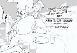 anthro anus ass big_breasts blush breasts catsstuff duo fan_character fart fart_cloud fart_fetish female furniture genitals glass group huge_breasts huge_nipples lass mole_(marking) nipples onomatopoeia plate public pussy restaurant sega shadow_the_hedgehog sonic_(series) sonic_the_hedgehog sophie_(argento) sound_effects surprise surprised_expression table text waiter