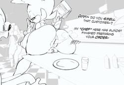 anthro anus ass big_breasts blush breasts catsstuff duo fan_character fart fart_cloud fart_fetish female furniture genitals glass group huge_breasts huge_nipples lass mole_(marking) nipples plate public pussy restaurant sega shadow_the_hedgehog sonic_(series) sonic_the_hedgehog sophie_(argento) surprise surprised_expression table waiter