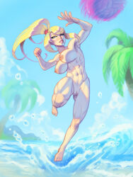 1girls abs areolae barefoot beach_ball beauty_mark blonde_hair blue_eyes breasts clenched_fist erect_nipples eyeliner feet female female_only fit fit_female hair_tie huge_breasts jumping long_hair looking_at_viewer metroid molly_skyfire muscular_female navel nintendo nipples nude ocean outside palm_tree pinup ponytail posing pussy samus_aran shaved_pussy smile solo thighs tied_hair toes