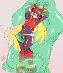 2boys android bodysuit bondage bound capcom clothing_skin cum ejaculation femboy girly goo long_hair mega_man mega_man_zero penis rainbow_devil robot slime syourinbonzu trap yaoi zero_(mega_man)