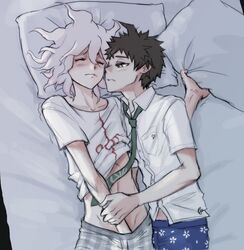 2boys blush blushing clothed clothing color danganronpa danganronpa_2:_goodbye_despair femboy gay hand_in_shorts hinata_hajime holding_arm implied_masturbation looking_pleasured male male/male male_only masturbation nagito_komaeda on_back on_bed shirt_lift shirt_up straight_hair tie trembling yaoi yndr4hope