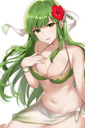 1girls alternate_costume bikini breasts cleavage female fire_emblem fire_emblem_echoes:_shadows_of_valentia flower green_bikini green_eyes green_hair green_swimsuit hair_flower hair_ornament haru_(nakajou-28) headband hibiscus large_breasts long_green_hair long_hair looking_at_viewer medium_breasts nintendo open_mouth open_smile palla_(fire_emblem) red_flower sarong smile solo swimsuit tummy white_background