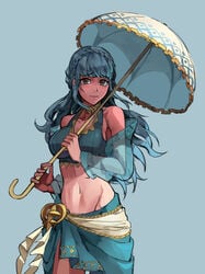 1girls alternate_costume alternate_hairstyle bare_midriff bare_shoulders belly bikini blue_background blue_bikini blue_hair blue_sarong blue_swimsuit blush blushing braid braided_hair brown_eyes female female_only fire_emblem fire_emblem:_three_houses fire_emblem_heroes hair_down holding_object holding_parasol human human_only light-skinned_female light_skin long_hair looking_at_viewer marianne_von_edmund marianne_von_edmund_(summer) midriff navel nervous nervous_smile nintendo parasol saiykik sarong simple_background smile smiling smiling_at_viewer stomach swimsuit wholesome