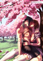 2girls areolae athletic athletic_female breasts brown_hair cherry_blossoms clothing earring female female/female female_only filthyfaize green_hair jewelry jujutsu_kaisen kiss kissing kugisaki_nobara legwear lesbian lesbian_kiss lesbians multiple_girls muscular_female necklace nipples no_visible_genitalia outdoors outside ponytail romantic shirt_lift sitting_on_person tagme thighhighs yuri zenin_maki