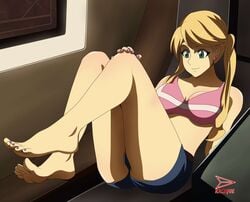 1girls alluring barefoot big_breasts blonde_hair bra breasts color feet female female_only foot_fetish green_eyes gundam gundam_tekketsu_no_orphans kacique lafter_frankland legs long_hair shorts smile toes twintails