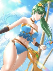 1girls alternate_costume bangs bare_legs beach bikini bird blue_bikini blue_sky blue_swimsuit breasts choker cleavage closed_mouth cloud cloudy_sky commentary cowboy_shot cup day drink drinking_glass drinking_straw dutch_angle ear_piercing earrings eyebrows_visible_through_hair female fire_emblem fire_emblem:_the_blazing_blade fire_emblem_heroes flower flower_in_drink flower_in_hair food frilled_bikini frills fruit green_eyes green_hair hair_flower hair_ornament holding holding_drink holding_drinking_glass holding_object jewelry light_rays light_smile lips lipstick long_hair looking_at_viewer lyn_(fire_emblem) lyn_(summer)_(fire_emblem) lyndis_(fire_emblem) medium_breasts midriff navel nintendo ocean orange_(fruit) orange_choker orange_slice outdoors outside palm_tree parted_bangs ponytail sky smile solo sunlight swimsuit thighs tree uni_(uni9248) water wet white_skin wind wine_glass