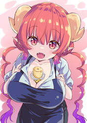 apron big_breasts burrito clothed clothing dragon eyebrows_visible_through_hair fangs food gradient_background hair_between_eyes horn horns ilulu_(dragon_maid) looking_at_viewer miss_kobayashi's_dragon_maid object_between_breasts open_mouth pink_eyes pink_hair pointy_ears purple_hair sasorigatame sidelocks taco_bell twintails two_tone_hair