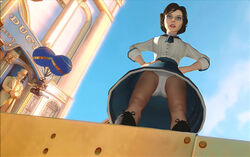 1girls 3d 3d_(artwork) bioshock bioshock_infinite black_hair blue_eyes brown_hair elizabeth_comstock female female_only fully_clothed human kyle_phalanx light-skinned_female light_skin panties public skirt solo steampunk underwear upskirt white_panties