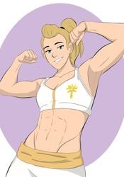 1girls abs adora blonde_female blonde_hair blue_eyes clenched_fists clenched_hand clenched_hands female flexing hair_tie looking_at_viewer masters_of_the_universe muscles muscular_female nut_meg_nsfw pinup plain_background ponytail she-ra_and_the_princesses_of_power shorts solo solo_female sports_bra