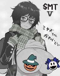 1girls atlus atsuta_miyazu_(megami_tensei) big_breasts blush blushing breasts censored embarrassed female female_focus glasses looking_at_viewer monochrome nuezou shin_megami_tensei shin_megami_tensei_v shirt_lift short_hair solo solo_female solo_focus