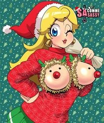 big_breasts blonde_hair breastless_clothes breasts breasts_out christmas earrings exposed_breasts fully_clothed mario_(series) nintendo no_bra painted_nipples princess_peach sasatseng