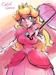 1girls artist_name big_breasts big_lips blonde_hair blue_eyes blush breasts clothed confleiqueen crown drawn dress earrings female female_only fully_clothed long_hair mario_(series) nintendo princess_peach smile solo umbrella