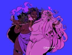 1boy 1futa alcohol aphrodite aphrodite_(hades) blue_background body_hair breasts cape dark-skinned_futanari dark_skin dickgirl dionysus dionysus_(hades) eye_strain futa_with_male futanari god goddess grapes hades_(game) heart intersex jewelry leggycake male masectomy_scars obese obese_female obese_male overweight overweight_futanari penis pink_hair pink_skin pubic_hair purple_hair stretch_marks