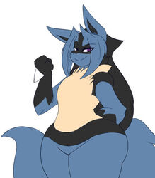 breasts dewwydartz female flat_chest furry grin hourglass_figure lucario may_(dewwydartz) pokemon pokemon_(species) smug thick_thighs wide_hips