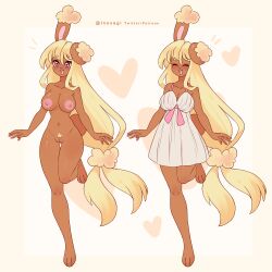 anthro barefoot blonde_hair breasts brown_body brown_fur buneary clothing dress feet female fur generation_4_pokemon hair inosagi model_sheet nintendo nipples pink_eyes pokemon pokemon_(species) rabbit_ears solo