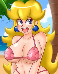 1girls aladeen alternate_breast_size areola areolae beach big_breasts bikini blonde_hair blue_eyes blush breasts earrings eyebrows_visible_through_hair female female_only large_breasts long_hair mario_(series) milf navel nintendo open_mouth outdoors palm_tree pink_bikini princess_peach sky smile solo standing swimsuit teeth tongue tree