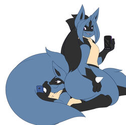 ass breasts dart(dewwydartz) dewwydartz facesitting female fluffy furry lucario may_(dewwydartz) phone pokemon pokemon_(species) sitting_on_person thick_thighs wide_hips