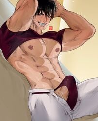 abs barayot big_pecs black_hair bulge dilf jujutsu_kaisen looking_at_viewer male male_focus male_only male_solo muscular muscular_male shirt_up smile solo toji_fushiguro unbuttoned_pants