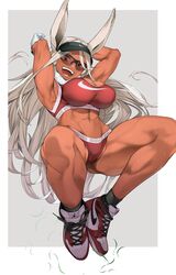 1girls animal_ears ankle_socks anklehighs arms_up ass black_socks breasts bunny_ears bunny_girl clothed clothing dark-skinned_female dark_skin female_only gloves humanoid jovejun kemonomimi miruko muscular muscular_female my_hero_academia partially_clothed rumi_usagiyama socks solo white_hair