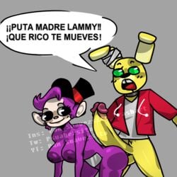 1boy 1boy1girl 1girls amero amerobutnsfw big_ass big_breasts big_penis five_nights_at_freddy's furry gametrap green_eyes miss_lammy no_humans purple_skin rule_63 slendytubbies slendytubbies_oc spanish_text teletubbies yellow_skin