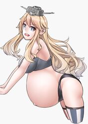 bending_over black_panties blonde_hair blue_eyes bra exposed_belly female female_only garylin hanging_belly headgear huge_belly iowa_(kantai_collection) kantai_collection long_hair looking_at_viewer open_mouth outie_navel panties popped_navel pregnant ready_to_pop smile solo star_shaped_pupils thighhighs unusual_pupils