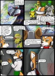 2012 amphibian anthro canid canine comic dialogue english_text fox fox_mccloud frog great_fox hi_res lagomorph leporid machine male mammal moltsi nintendo peppy_hare rabbit rob_64 robot sauria slippy_toad spacecraft star_fox text vehicle video_games